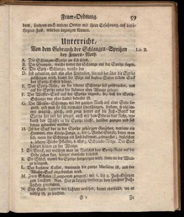 Unterricht, Von dem Gebrauch der Schlangen-Spritzen bey Feuers-Noth.