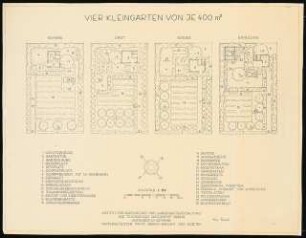Vier Kleingärten von je 400 qm: 4 Kleingärten und Bepflanzungsplan: Grundriss 1:100