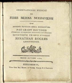 Observationes Medicae De Febre Biliosa Moldaviensi : Mense Octobri 1784.