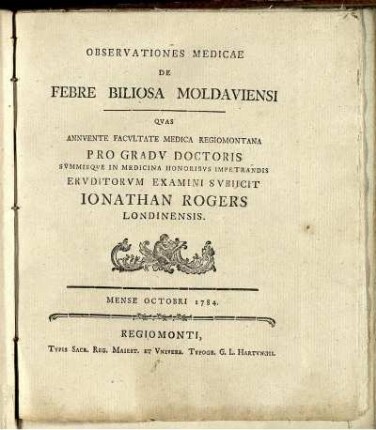 Observationes Medicae De Febre Biliosa Moldaviensi : Mense Octobri 1784.