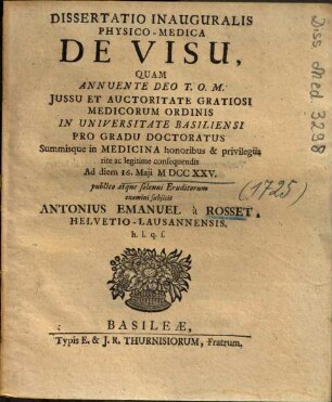 Dissertatio Inauguralis Physico-Medica De Visu