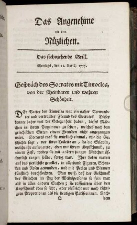 Das sechszehende Stück. Montags, den 21. Aprill, 1755.