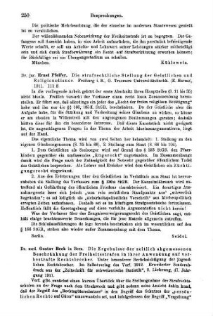 250, Ernst Pfeifer. Die strafrechtliche Stellung der Geistlichen und Religionsdiener. 1911