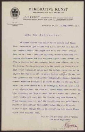 Schreiben an Hermann Muthesius (Brief)