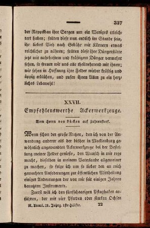 XXVII. Empfehlenswerthe Ackerwerkzeuge