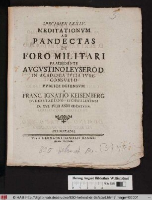 Specimen LXXIV. Meditationvm Ad Pandectas De Foro Militari