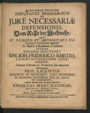 Disputatio Inauguralis De Iure Necessariae Defensionis