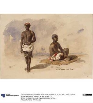Zwei Afrobrasilianer; einer stehend, en face, der andere auf einer Schilfmatte sitzend