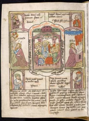 (1) Propheten-Brustbilder; (2) Antitypus: Pfingsten; Typen: (3) Moses empfängt die Gesetzestafeln; (4) Opfer des Elias