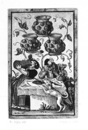 Krautstrunk - Drei : Amman, Jost (1539-1591). Krautstrunk - Drei. Spielkarte. Holzschnitt, koloriert; 10,6 x 6,7 cm, 1588. Dresden: Kupferstich-Kabinett A 1904-506