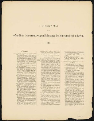 Wettbewerb Museumsinsel, Berlin: Programm (aus: Concurrenzentwürfe wegen Bebauung d. Museumsinsel zu Berlin. Auswahl d. preisgekrönten u. besten Entwürfe, Berlin 1884)