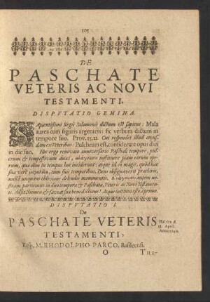 Disputatio I. De Paschate Veteris Testamenti, Resp. M. Rhodolpho Parco, Basileensi