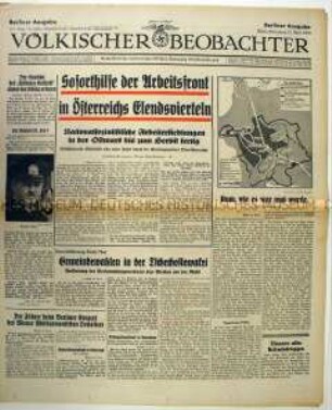 Tageszeitung "Völkischer Beobachter" u.a. über die Tätigkeit der Deutschen Arbeitsfront in Österreich und die ehemaligen deutschen Kolonien