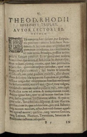 Theod. Rhodii Josephus Triplex. Autor Lectori Benevolo