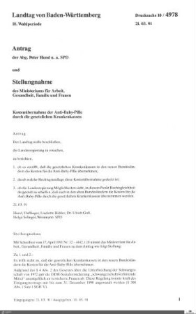 Antrag der SPD: Kostenübernahme der Anti-Baby-Pille durch die gesetzlichen Krankenkassen