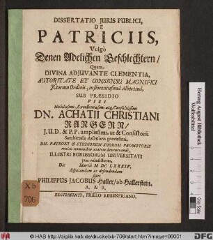 Dissertatio Iuris Publici, De Patriciis, Vulgo Denen Adelichen Geschlechtern