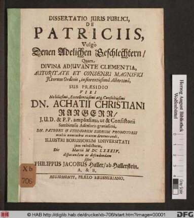 Dissertatio Iuris Publici, De Patriciis, Vulgo Denen Adelichen Geschlechtern
