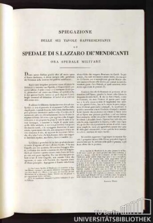 Spiegazione delle sei Tavole rappresentanti lo Spedale di S. Lazzaro de' Mendicanti ora Spedale Militare