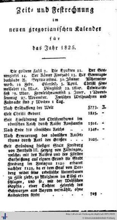 Zeit- und Festrechnung im neuen gregorianischen Kalender für das Jahr 1825.