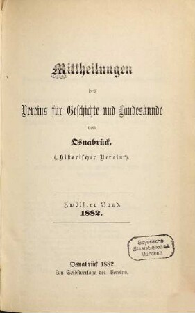 Mittheilungen des Historischen Vereins zu Osnabrück. 12. 1882