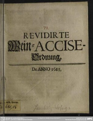 Revidirte Wein-Accis-Ordnung de a. 1685