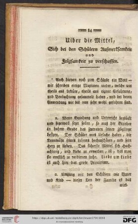 Uiber die Mittel, sich bei den Schülern Aufmerksamkeit und Folgsamkeit zu verschaffen