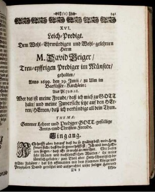 XVI. Leich-Predigt. [...] Herrn M. David Geiger [...] Getreuer Lehrer und Prediger Gott-gefällige Amts- und Christen-Freude.