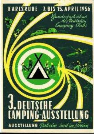 Postkarte zu einer Camping-Ausstellung in Karlsruhe