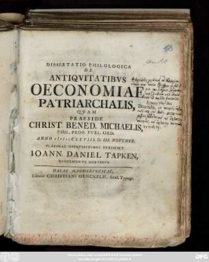 Dissertatio Philologica De Antiqvitatibvs Oeconomiae Patriarchalis