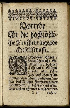 Vorrede An die hochlöbliche Fruchtbringende Gesellschafft.