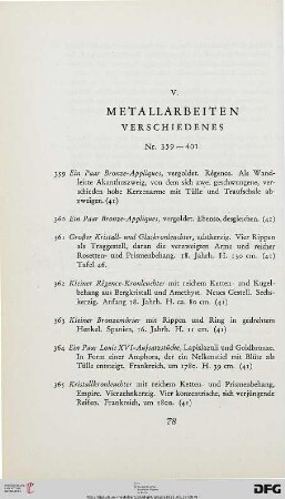 V. Metallarbeiten, Verschiedenes (Nr. 359-401)