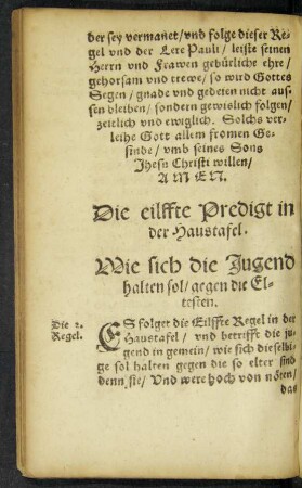 Die eilffte Predigt in der Haustafel. Wie sich die Jugend halten sol/ gegen die Eltesten.