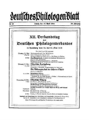 XII. Verbandstag des Deutschen Philologenverbandes in Hamburg vom 26. bis 28. Mai 1931
