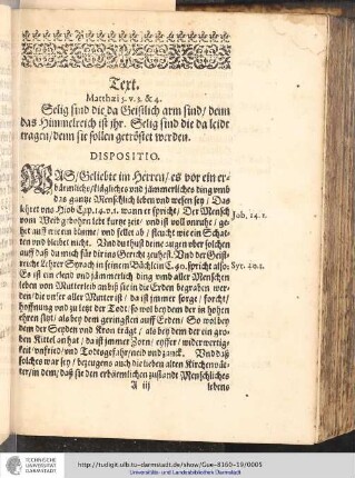 Text. Matthaei 5 v. 3. & 4. Selig sind die da Geistlich arm sind denn das Himmelreich ist ihr. Selig sind die da leide tragen denn sie sollen getröstet werden