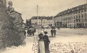 Postkartenalbum. "Karlsruhe - Partie am Marktplatz". Marktplatz mit Pyramide