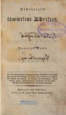 Pestalozzi's sämmtliche Schriften. 9. Vermischte Schriften.1822.300 S.