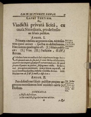 Caput Tertium. De Vindicta privata licita, ex causa Necessitatis, pro defensione salutis publicæ.