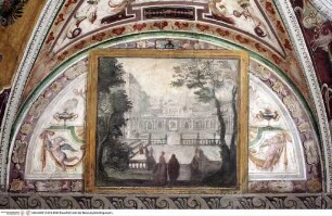 Allegorie der Ehe, Landschaftsvedute: Palastanlage mit Gärten und Staffagefiguren