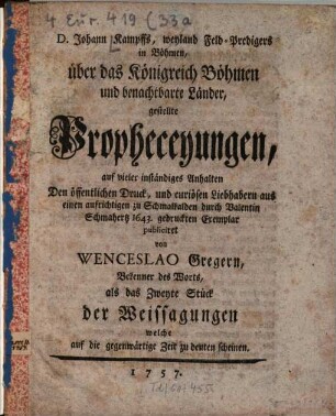Ueber das Königreich Böhmen und benachbarte Länder 1643 gestellte Prophezeyungen