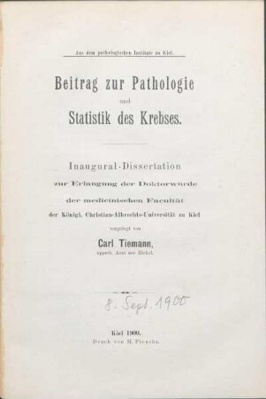 Beitrag zur Pathologie und Statistik des Krebses