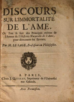 Discours sur l'immortalité de l'ame ...