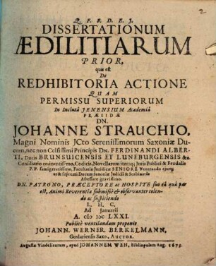 Dissertationum Aedilitiarum Prior, quae est De Redhibitoria Actione