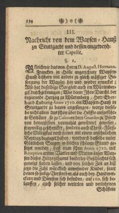 III. Nachricht von dem Waysen-Hauß zu Stuttgardt und dessen eingeweyhter Capelle