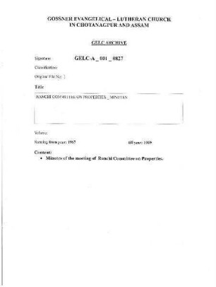 RANCHI COMMITTEE ON PROPERTIES MINUTES