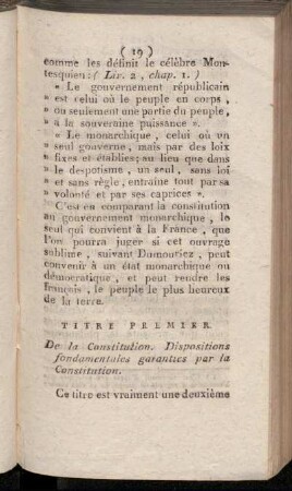 Titre premier. De la Constitution. Dispositions fondamentales garanties par la Constitution.