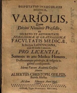 Disputatio Inauguralis Medica, De Variolis