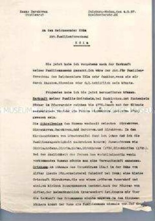 Brief mit einer Anfrage an den Kölner Reichssender zur Familiengeschichte - Familienkonvolut