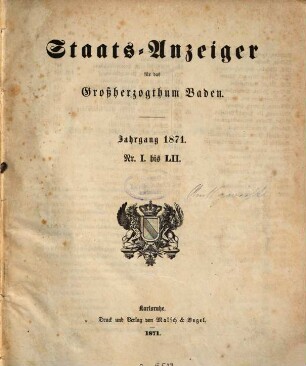 Staatsanzeiger für das Großherzogtum Baden. 1871