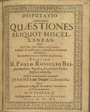 Disputatio continens quaestiones aliquot miscellaneas