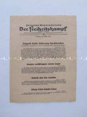 Nachrichtenblatt der sächsischen NSDAP-Zeitung "Der Freiheitskampf" mit einem britischen Kommentar über die deutsche Kriegstechnik